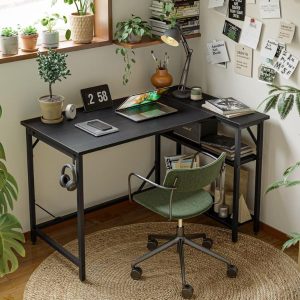 DOMSHOCT L Shaped Gaming Desk with Power Outlets in black